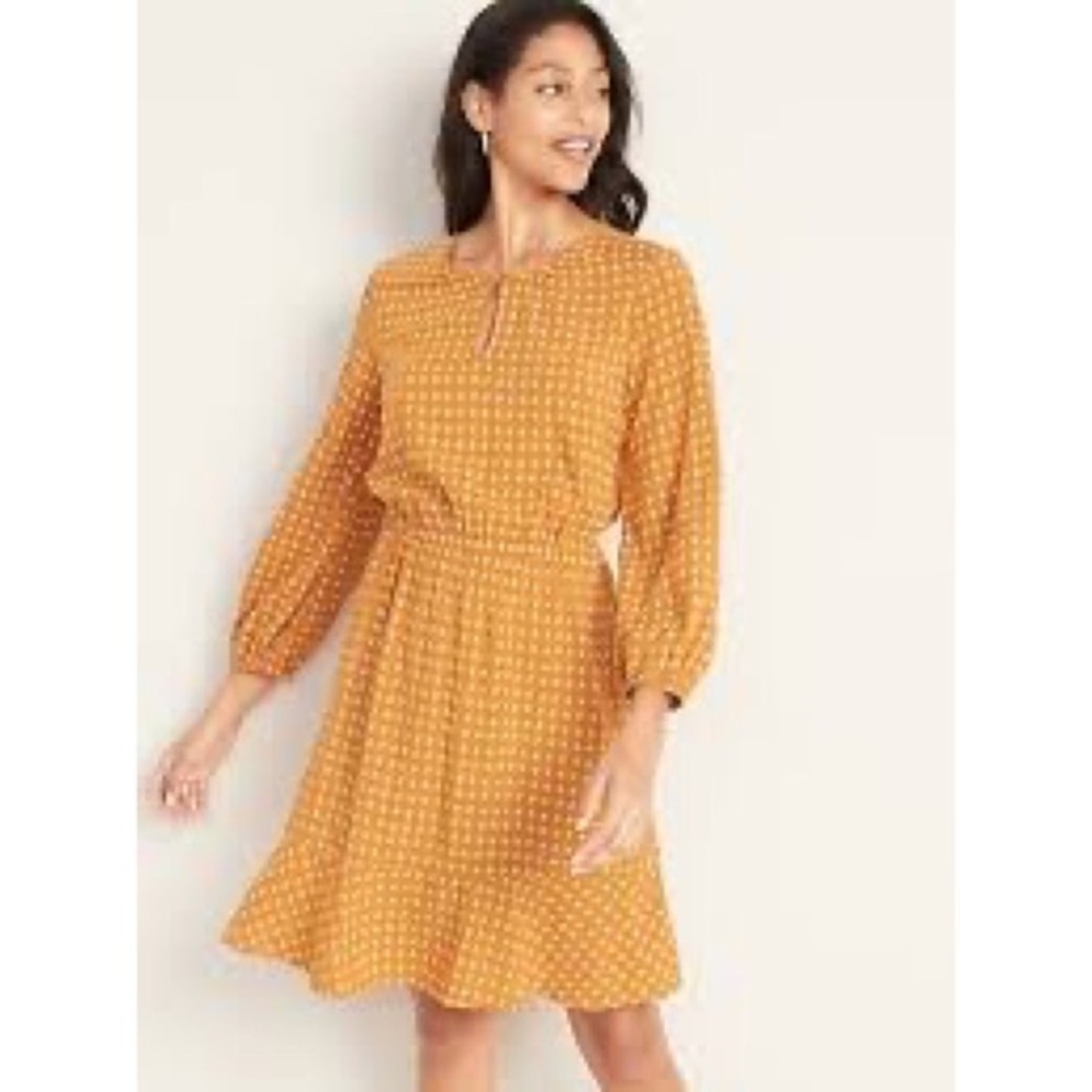 Old Navy Women’s Waist Defined Sleeve Orange Midi Dress White NWT